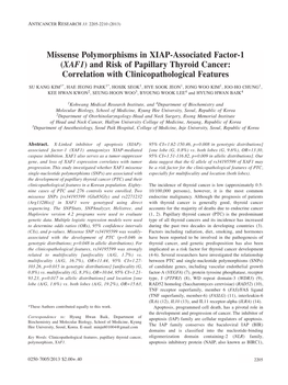 Missense Polymorphisms in XIAP-Associated Factor-1 (XAF1) and Risk of Papillary Thyroid Cancer: Correlation with Clinicopathological Features