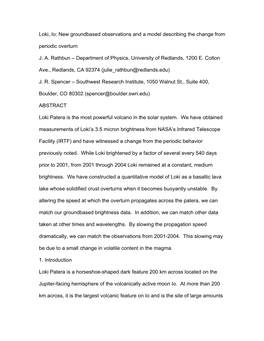 Loki, Io: New Groundbased Observations and a Model Describing the Change from Periodic Overturn J. A. Rathbun – Department Of