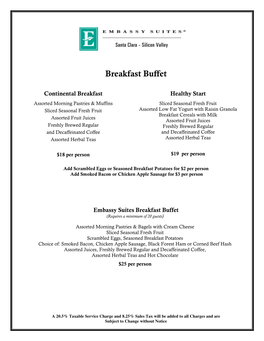 Embassy Suites Santa Clara Hotel Catering Menu