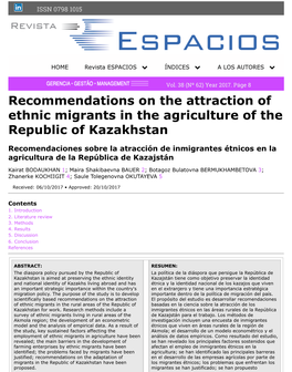 Recommendations on the Attraction of Ethnic Migrants in the Agriculture of the Republic of Kazakhstan