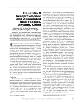 Hepatitis C Seroprevalence and Associated Risk Factors, Anyang