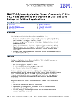 IBM Websphere Application Server Community Edition V3.0 Helps Streamline the Creation of Osgi and Java Enterprise Edition 6 Applications