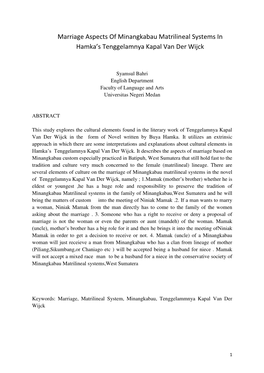 Marriage Aspects of Minangkabau Matrilineal Systems in Hamka's