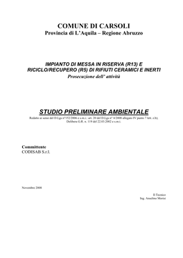 COMUNE DI CARSOLI Provincia Di L’Aquila – Regione Abruzzo