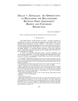 Golan V. Gonzales: an Opportunity to Reexamine the Relationship Between First Amendment Rights and Copyright Protection