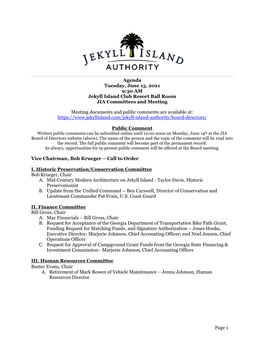 Agenda Tuesday, June 15, 2021 9:30 AM Jekyll Island Club Resort Ball Room JIA Committees and Meeting