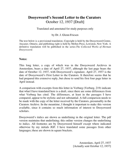 Dooyeweerd's Second Letter to the Curators October 12, 1937