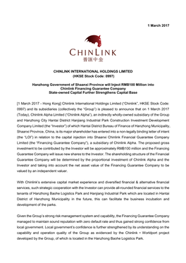 1 March 2017 CHINLINK INTERNATIONAL HOLDINGS