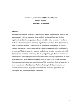 Invariance, Symmetries and Structural Realism Friedel Weinert, University of Bradford