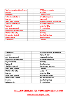 Remaining Fixtures for Premier League 2019/2020