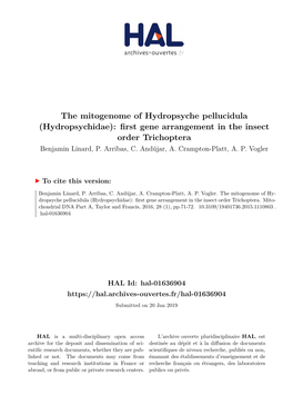 The Mitogenome of Hydropsyche Pellucidula (Hydropsychidae): First Gene Arrangement in the Insect Order Trichoptera Benjamin Linard, P
