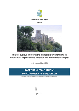 RAPPORT Et CONCLUSIONS DU COMMISSAIRE ENQUETEUR Le 11/05/2019 Françoise FABRE Commissaire Enquêteur