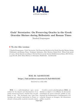 Gods' Secretaries: on Preserving Oracles in the Greek Oracular