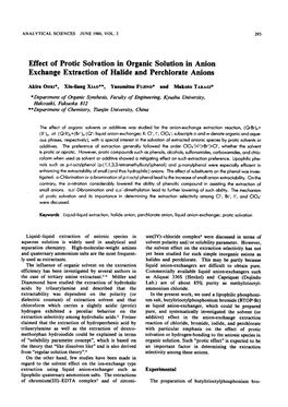 Effect of Protic Solvation in Organic Solution in Anion Exchange Extraction of Halide and Perchlorate Anions