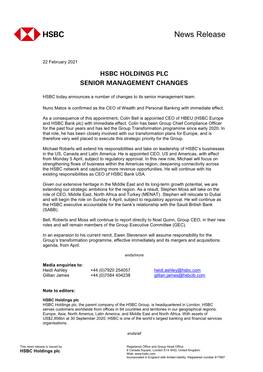 HSBC Holdings Plc Senior Management Changes