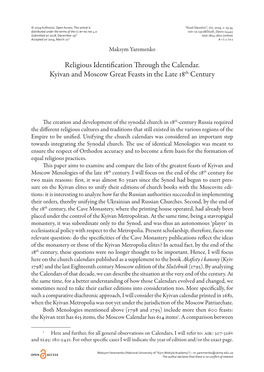 Religious Identification Through the Calendar. Kyivan and Moscow Great Feasts in the Late 18Th Century