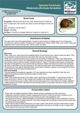 Species Factsheet: Watervole (Arvicola Terrestris) Info@Themammalsociety.Org 023 8023 7874