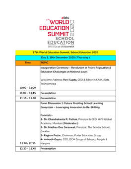 17Th World Education Summit, School Education 2020