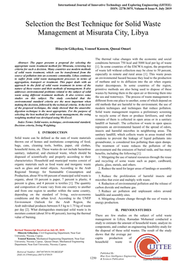Selection the Best Technique for Solid Waste Management at Misurata City, Libya