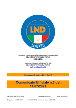 Comunicato Ufficiale N.3 Del 14/07/2021