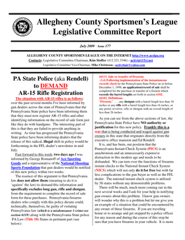 Allegheny County Sportsmen's League Legislative Committee Report