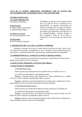 Acta De La Sesion Ordinaria Celebrada Por El Pleno Del Ayuntamiento De Salduero El Dia 31 De Julio De 2018