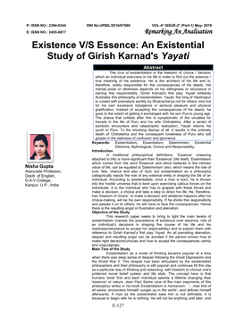 Existence V/S Essence: an Existential Study of Girish Karnad's Yayati