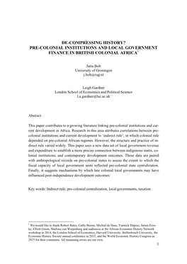 De-Compressing History? Pre-Colonial Institutions and Local Government Finance in British Colonial Africa1