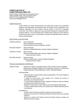 CURRICULUM VITAE of SHAMS FORRUQUE AHMED, Phd Assistant Professor of Mathematics & Computational Science Science and Math Program, Asian University for Women 20/A M