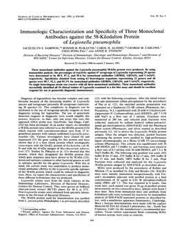 Immunologic Characterization and Specificity of Three Monoclonal Antibodies Against the 58-Kilodalton Protein of Legionella Pneumophila JACQUELYN S