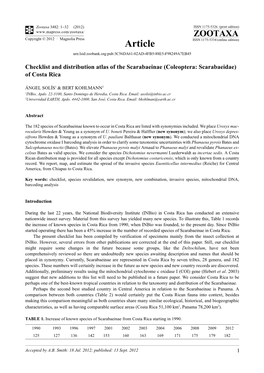 Checklist and Distribution Atlas of the Scarabaeinae (Coleoptera: Scarabaeidae) of Costa Rica