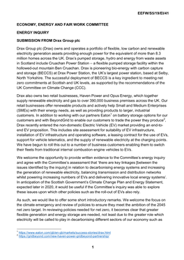 EEFW/S5/19/EI/41 1 ECONOMY, ENERGY and FAIR WORK COMMITTEE ENERGY INQUIRY SUBMISSION from Drax Group Plc Drax Group Plc (Drax) O