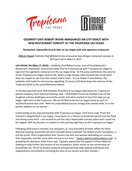 Celebrity Chef Robert Irvine Announces Sin City Debut with New Restaurant Concept at the Tropicana Las Vegas