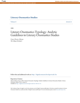 Literary Onomastics Typology: Analytic Guidelines to Literary Onomastics Studies Grace Alvarez-Altman the College at Brockport