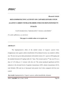 Research Article HEPATOPROTECTIVE ACTIVITY of CAPPARIS SEPIARIA STEM AGAINST CARBON TETRACHLORIDE-INDUCED HEPATOTOXICTY in RATS