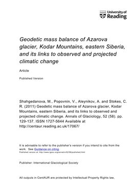 Geodetic Mass Balance of Azarova Glacier, Kodar Mountains, Eastern Siberia, and Its Links to Observed and Projected Climatic Change