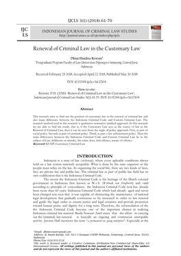 Renewal of Criminal Law in the Customary Law …