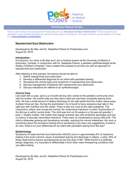 Nasolacrimal Duct Obstruction” These Podcasts Are Designed to Give Medical Students an Overview of Key Topics in Pediatrics