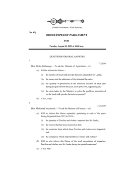 Order Paper of Parliament