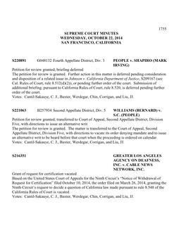 1755 Supreme Court Minutes Wednesday, October 22, 2014 San Francisco, California