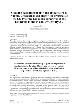 Studying Roman Economy and Imperial Food Supply. Conceptual