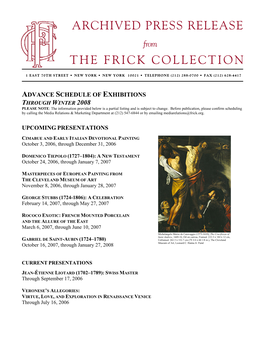 PRESS RELEASE from the FRICK COLLECTION