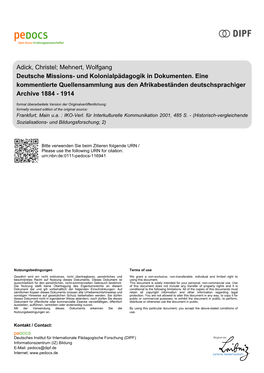 Deutsche Missions- Und Kolonialpädagogik in Dokumenten