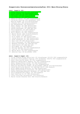 Siegerliste Kreiseinzelmeisterschaften 2011 Main-Kinzig-Kreis Männl