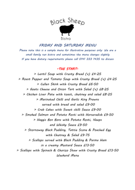 FRIDAY and SATURDAY MENU Please Note This Is a Sample Menu for Illustrative Purposes Only