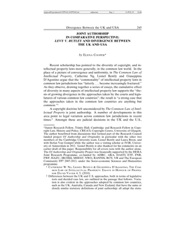 Divergence Between the UK and USA 245 JOINT AUTHORSHIP in COMPARATIVE PERSPECTIVE: LEVY V