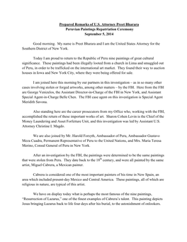 Prepared Remarks of U.S. Attorney Preet Bharara Peruvian Paintings Repatriation Ceremony September 5, 2014