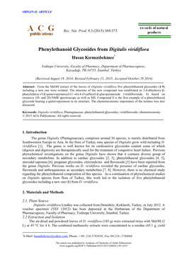 Phenylethanoid Glycosides from Digitalis Viridiflora Hasan Kırmızıbekmez*