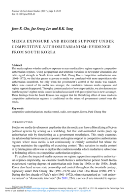 Joan E. Cho, Jae Seung Lee, and B.K. Song. 2017. “Media Exposure And