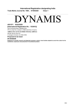 International Registration Designating India Trade Marks Journal No: 1964 , 07/09/2020 Class 1